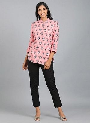 Pink Shirt Collar Floral Print Top