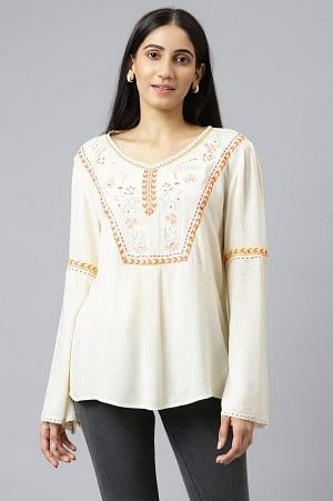 White Thread Embroidered Western Top