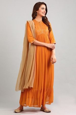 Orange Band Collar Printed Dress