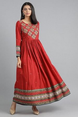 Red Round Neck Embroidered Dress