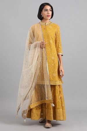 Yellow Chikankari embroidered kurta & skirt with dupatta