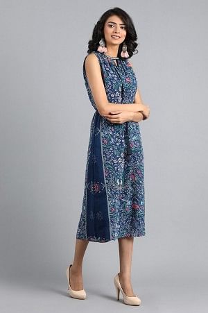 Blue Mandarin Neck Printed Dress