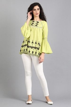 Green Round Neck Printed Top