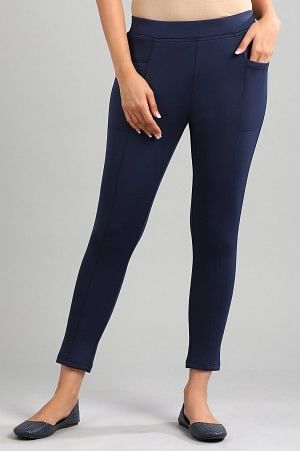 Blue Yarn-dyed Solid Jeggings