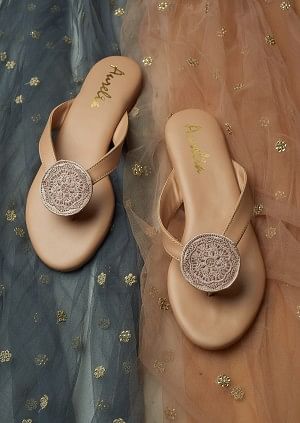 Beige Almond Toe Embroidered Flat - ZDominique