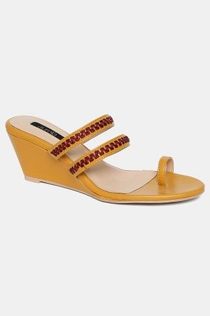Mustard Almond Toe Embroidery Wedge-ZJanet