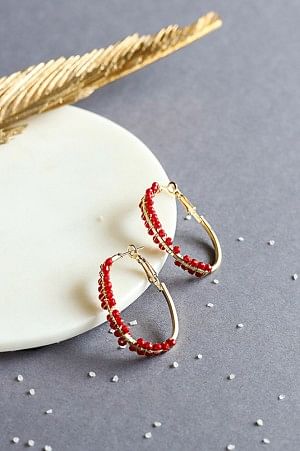 Red Bead work Handcrafted Hoop Earrings