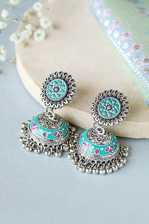 Blue and Pink Oxidised Handcrafted Jhumki Earrings