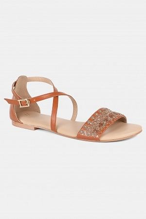 Light Tan Round Toe Embroidery Flat-WMadeline