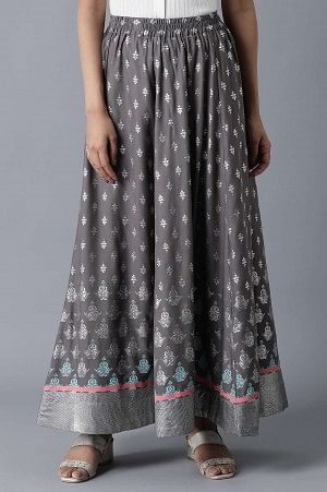 Grey Floral Print Flared Skirt