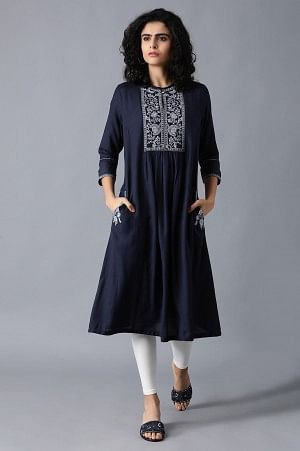 Blue Gathered Embroidered Dress