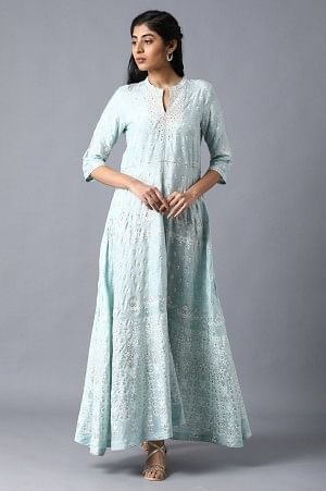 Blue Mandarin Neck Embroidered Dress