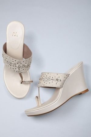Ecru Embroidered Ring-toed Wedges-WCarsson