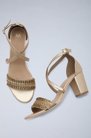 Gold & Beige Embroidered Block Heels-WLily