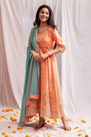 Peach Printed Ethnic Dress- Dupatta Set