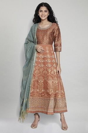 Brown Printed Ethnic Dress Dupatta Set