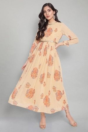 Yellow Floral Print Flared Victorian Dress