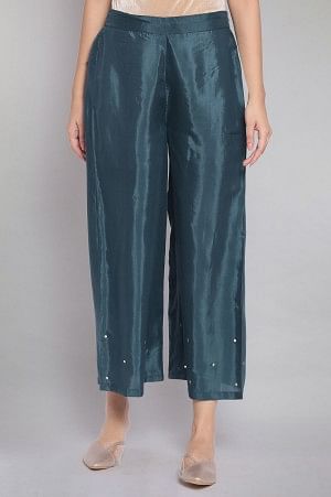 Green Sequinned Solid Parallel Pants