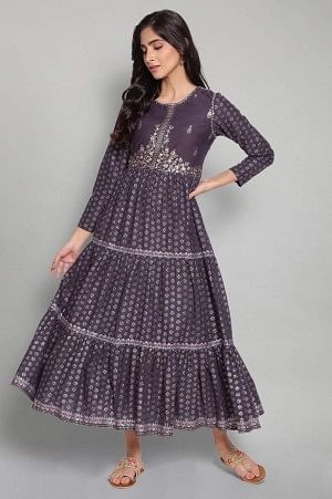 Navy Blue Printed Dress with Embroidery
