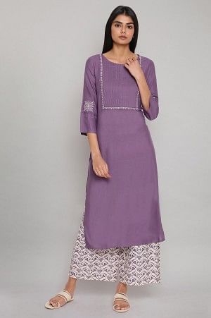 Purple Solid Kurta with Embroidery