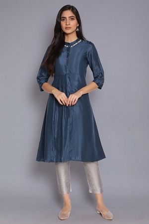 Royal Blue Pleated Kurta with Embroidery