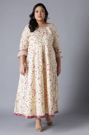 Ecru Printed Dress with Embroidery