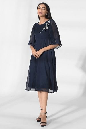 Dark Blue Dot Textured Dress with Embroidery