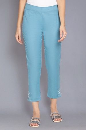 Teal Blue Slim Pants with Embroidery