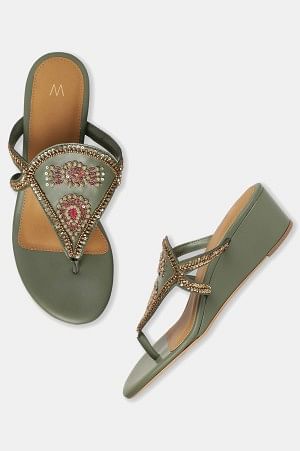 W Olive Embroidered Almond Toe Wedge-Whannah