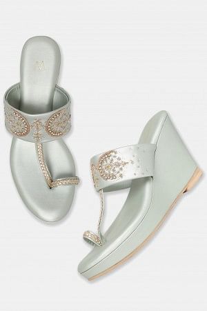 W Pastel Green Whole Foot Embroidered Almond Toe Wedge-Wcamryn