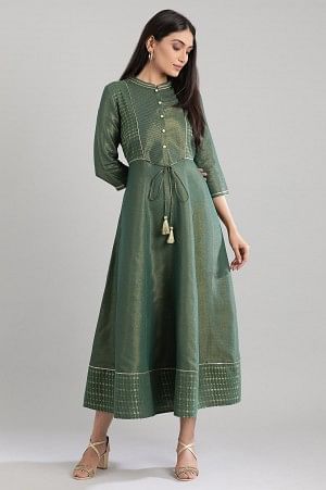 Green Mandarin Neck Yarn-Dyed Dress