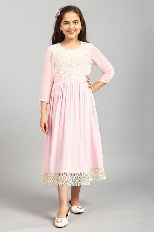 Pink Flared Calf Length Dress
