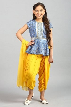 Blue Flared Top-Yellow Salwar-Dupatta Girls Set