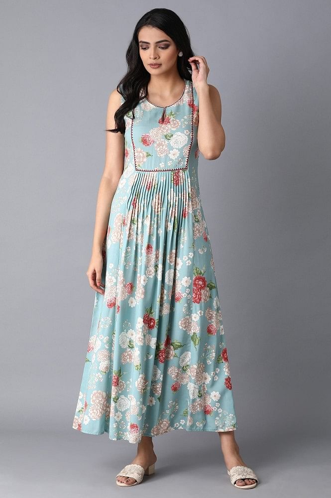 Buy Light Teal Floral Print Dress-Gilet ...