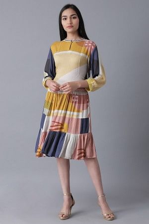 Soft Multicolored Abstract Pattern Flared Dress
