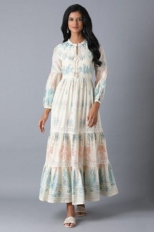 Ecru Printed Tiered Dress
