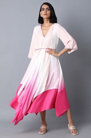 Pink and Ecru Color Blocked Asymmetric Dress