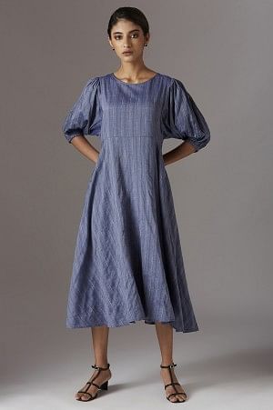 Blue Yarn Dyed Stripes Fabric Flared Dress