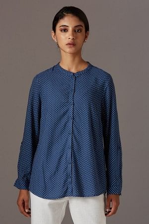 Dark Blue Mandarin Collar Shirt