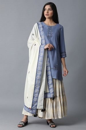 Blue Kurta Printed Sharara Drape Set