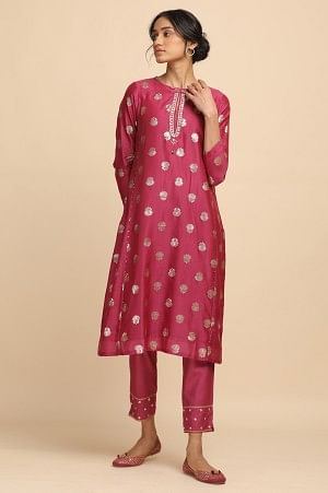 Bright Pink Jacquard Kurta in Cotton Silk