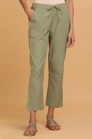 Green Solid Straight Pants