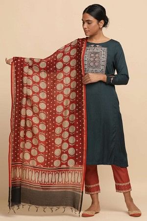 Red Cotton Silk Block Printed Drape
