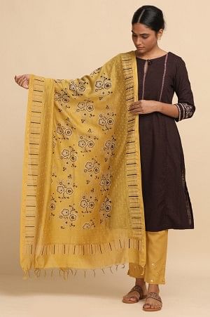 Yellow Cotton Silk Block Printed Drape