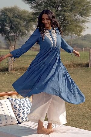 Blue Embroidered Yoke Tiered Dress
