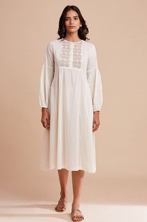 Ecru Mid-Length Embroidered Dress In Voile