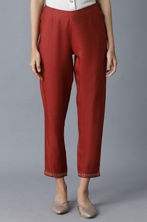 Dark Red Solid Slim Pants