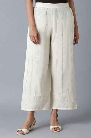 Ecru Parallel Pants with Embroidered Hem