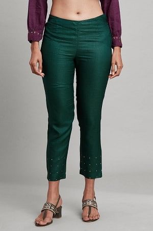 Dark Green Solid Slim Pants