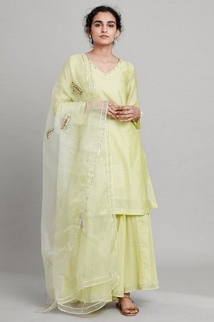 Light Yellow Kurta-Divided Skirt-Embroidered Buti Drape Set